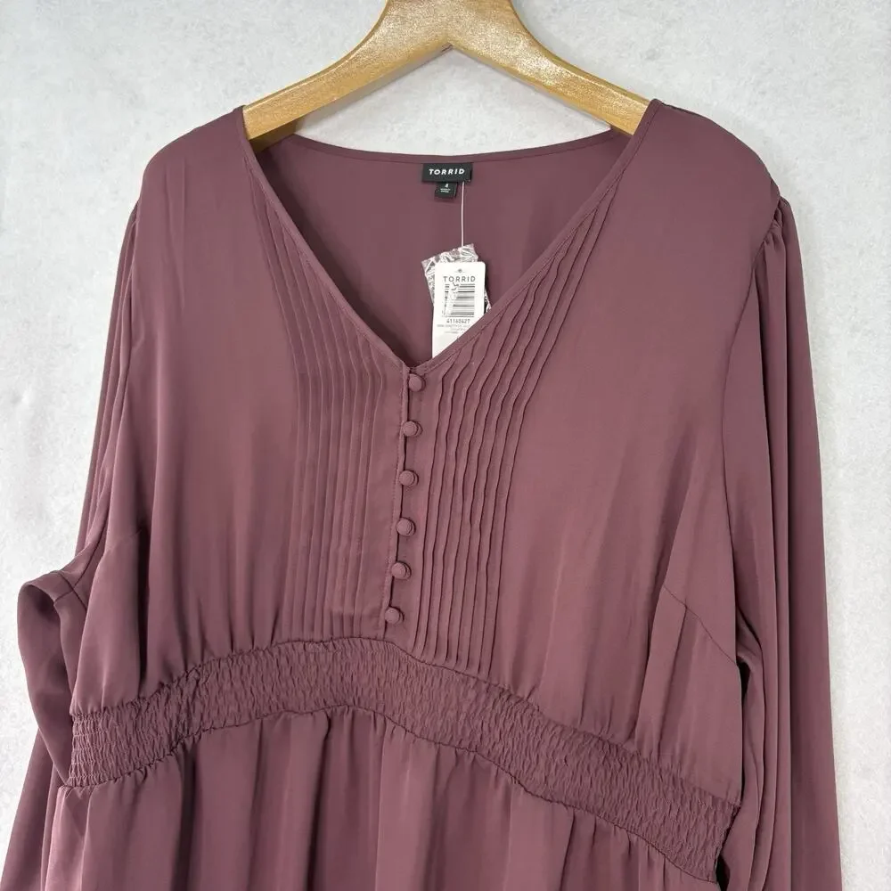 Torrid‎ Sz 4 (26/28) Wine Baby Doll Georgette Pintuck Long Sleeve Sheer Blouse - Picture 3 of 6